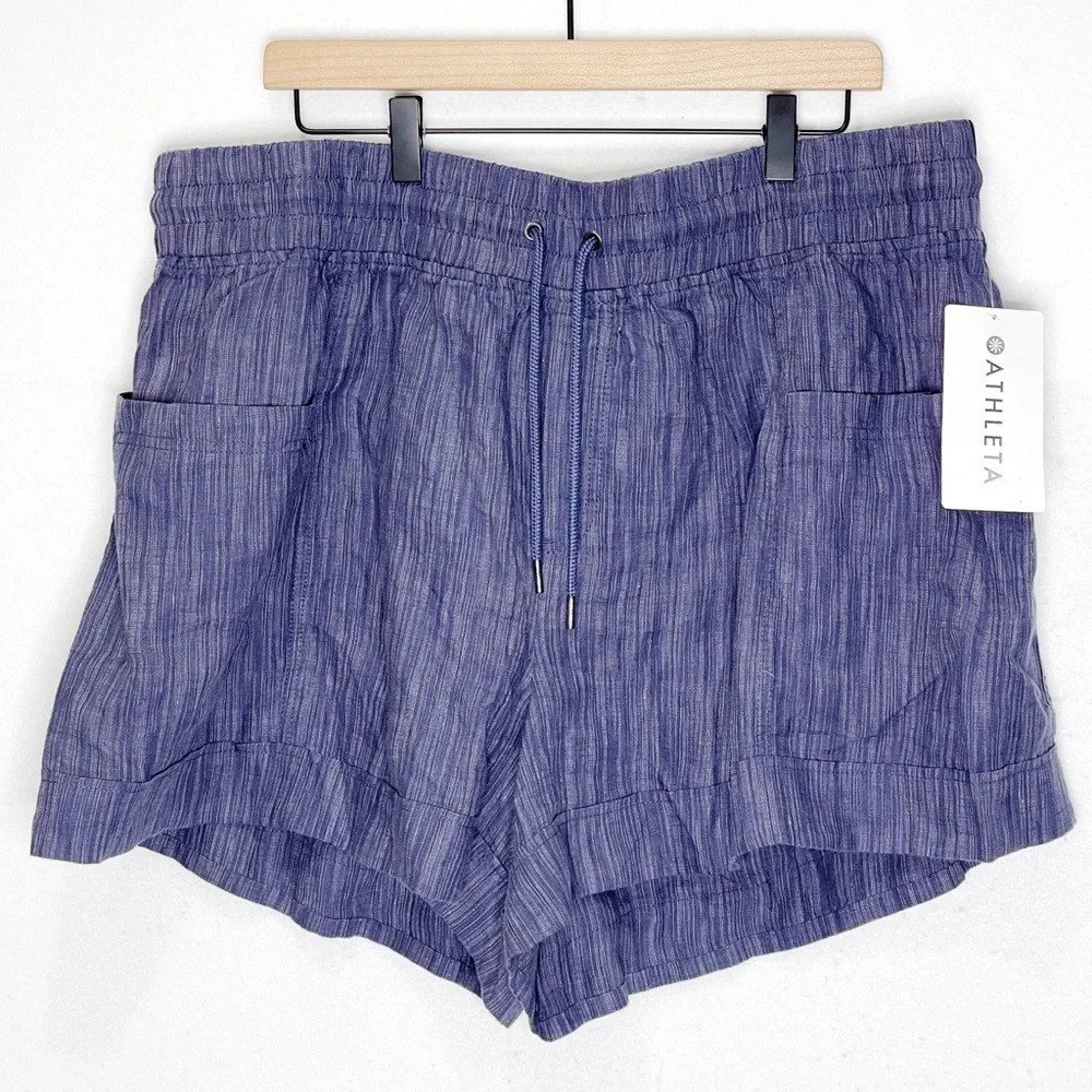 Athleta Cabo Linen Textured Short 4" Navy Pull-On Comfy Earthy Blue Size 20 - Picture 4 of 10